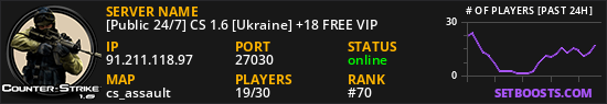 [Public 24/7] CS 1.6 [Ukraine] +18 FREE VIP✪